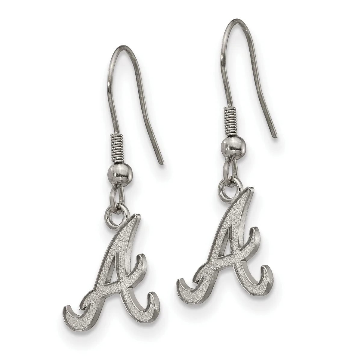 A pair of silver-toned dangle earrings with hook closures, each featuring a stylized letter A charm with a textured finish.