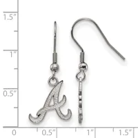 A pair of silver-toned earrings with hook wires, featuring an ornate letter A charm on one earring and a plain rectangular bar on the other, displayed against a measurement ruler.