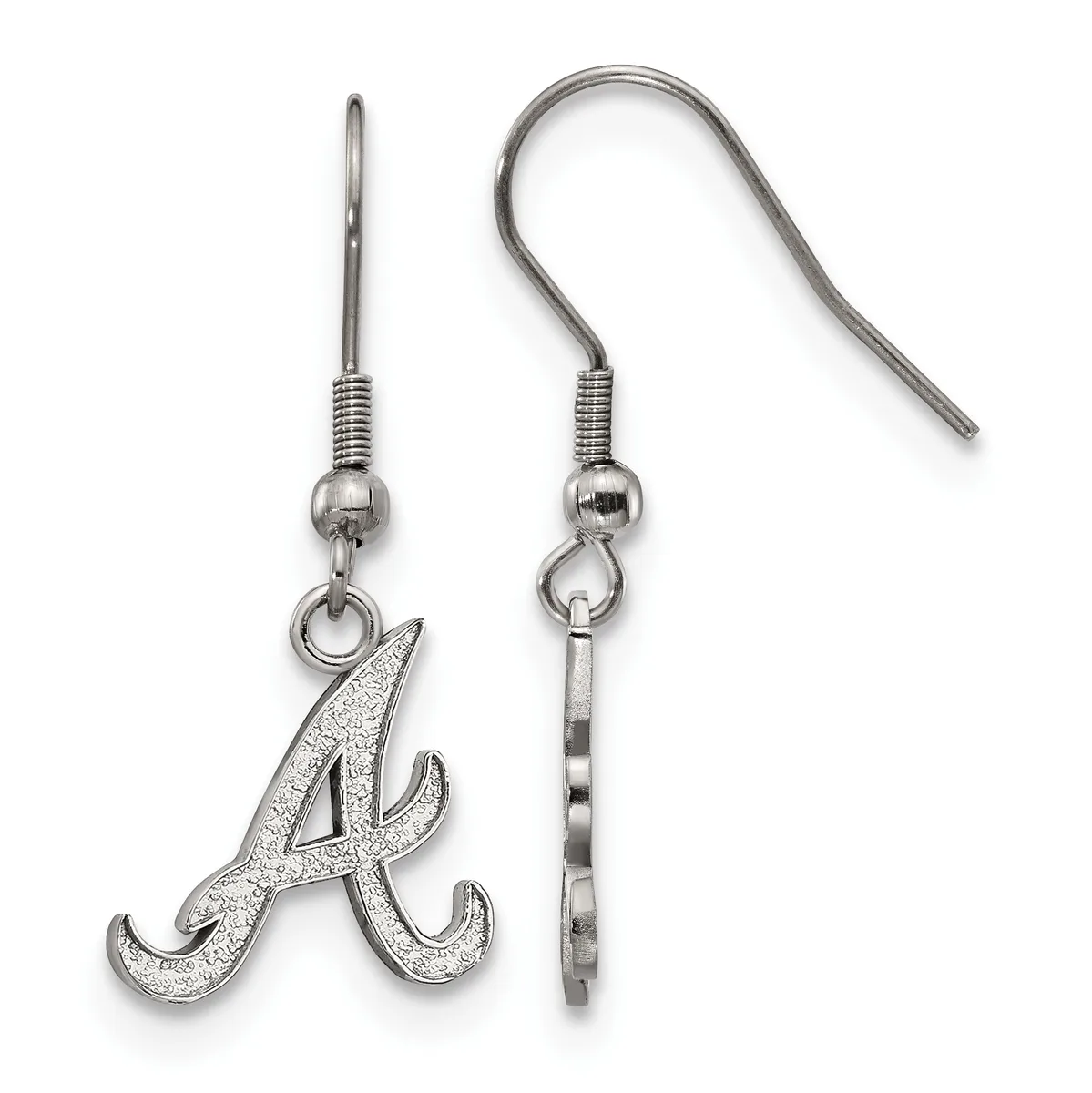 Pair of silver-toned earrings with curved hook wires, featuring a stylized letter A charm with a textured finish on one earring and a plain chain segment on the other.