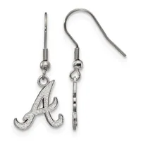 Pair of silver-toned earrings with curved hook wires, featuring a stylized letter A charm with a textured finish on one earring and a plain chain segment on the other.