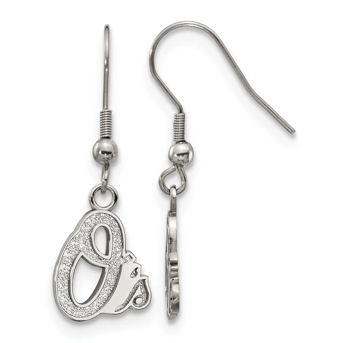 Pair of silver-toned dangle earrings with hook backs featuring decorative letter Q charms adorned with crystal or rhinestone accents.