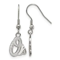 Pair of silver-toned dangle earrings with hook backs featuring decorative letter Q charms adorned with crystal or rhinestone accents.
