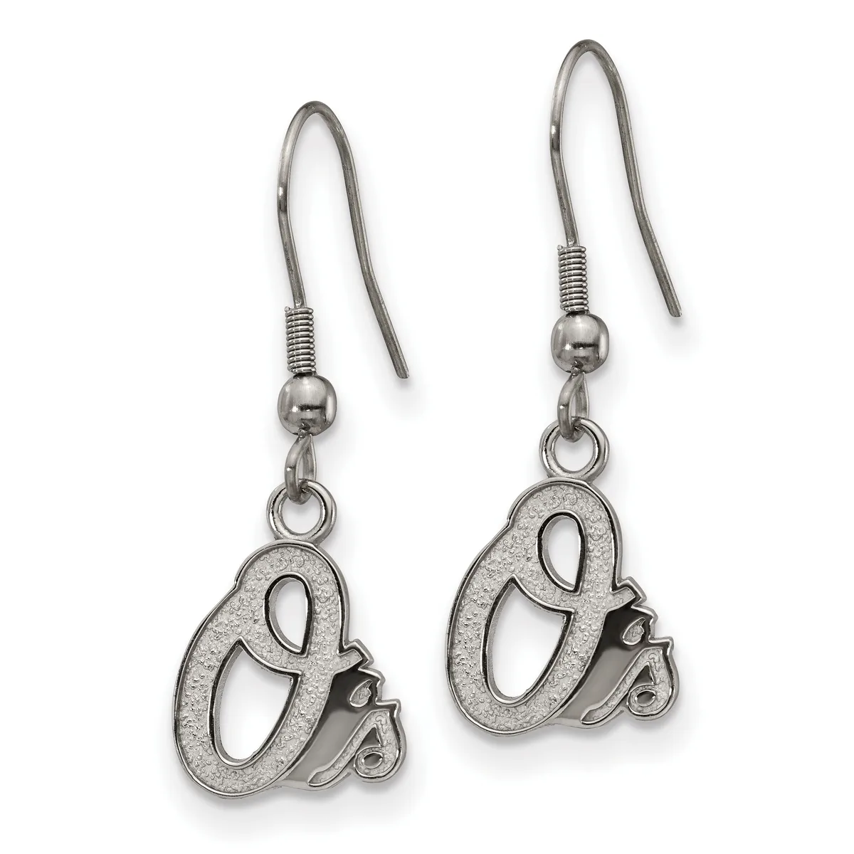 Pair of silver-toned dangle earrings with hook closures, each featuring an oval-shaped pendant with cutout details and small black accent elements.
