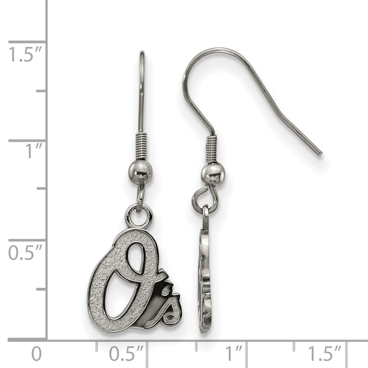 A pair of silver-tone dangle earrings with fish hook wires, featuring a textured oval charm attached to a small decorative element, shown next to a measurement ruler.