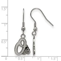 A pair of silver-tone dangle earrings with fish hook wires, featuring a textured oval charm attached to a small decorative element, shown next to a measurement ruler.