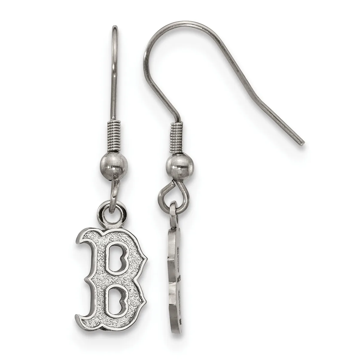 A pair of silver-toned earrings with fish-hook wires featuring a decorative "B" charm pendant hanging from ball and coil connectors.