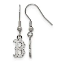 A pair of silver-toned earrings with fish-hook wires featuring a decorative "B" charm pendant hanging from ball and coil connectors.