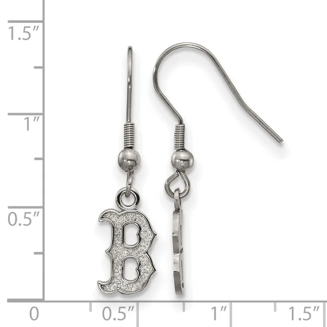 A pair of silver-toned earrings with decorative letter B charms hanging from fishhook wires, displayed next to a measurement ruler showing approximately 1.5 inches in length.