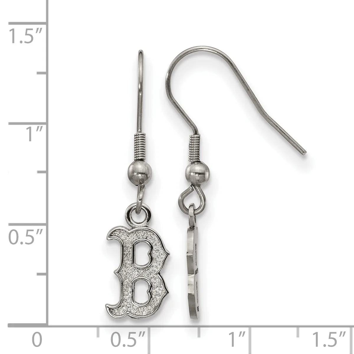 A pair of silver-toned earrings with decorative letter B charms hanging from fishhook wires, displayed next to a measurement ruler showing approximately 1.5 inches in length.
