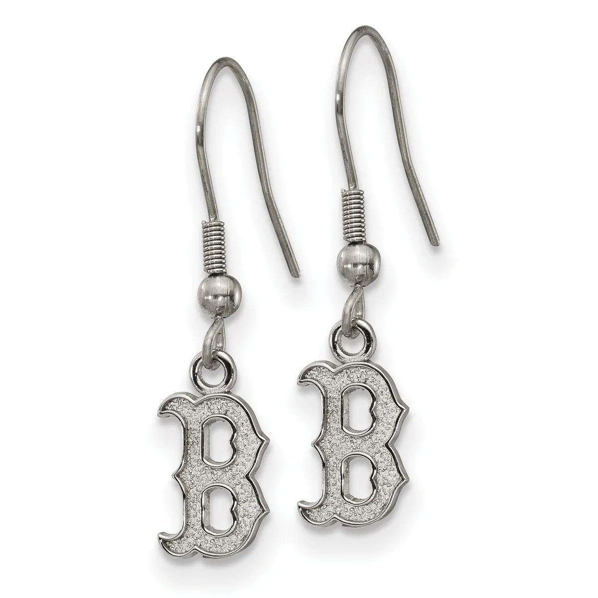 A pair of silver-colored dangle earrings featuring decorative letter "B" pendants suspended from curved wire hooks with small beaded connectors.