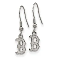 A pair of silver-colored dangle earrings featuring decorative letter "B" pendants suspended from curved wire hooks with small beaded connectors.