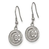 A pair of silver dangle earrings with oval charms featuring concentric circles and a small stamped hallmark in the center, suspended from curved ear wires.