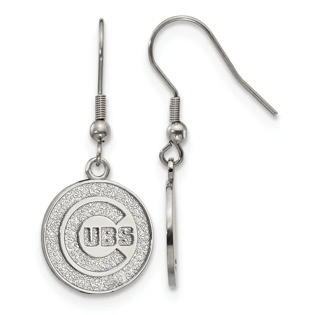 A pair of silver-toned circular dangle earrings with textured surfaces and a team logo in the center, shown front and back with fish-hook style ear wires.