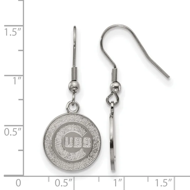 Pair of silver-toned circular disc earrings with textured concentric rings and a small stamped hallmark, suspended from fish hook wires, shown next to a ruler measuring approximately 1.5 inches in length.
