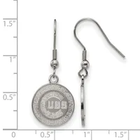 Pair of silver-toned circular disc earrings with textured concentric rings and a small stamped hallmark, suspended from fish hook wires, shown next to a ruler measuring approximately 1.5 inches in length.