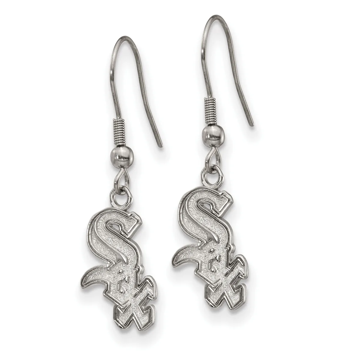 A pair of silver-toned earrings with Chicago White Sox logo charms hanging from curved fish hook wires.