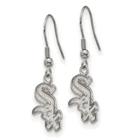 A pair of silver-toned earrings with Chicago White Sox logo charms hanging from curved fish hook wires.