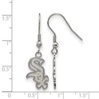 A pair of silver-toned earrings featuring a Chicago White Sox logo charm on one ear and a chain dangle on the other, displayed against a measurement ruler.