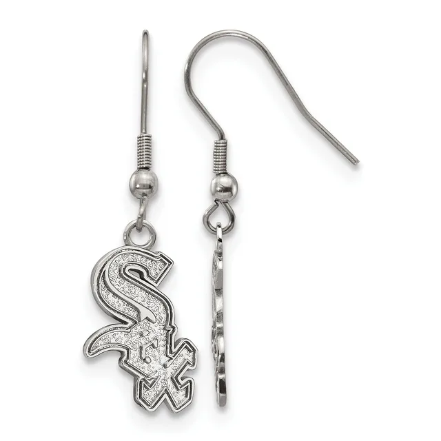Pair of silver-toned earrings with Chicago White Sox logo charms hanging from fish hook wires.