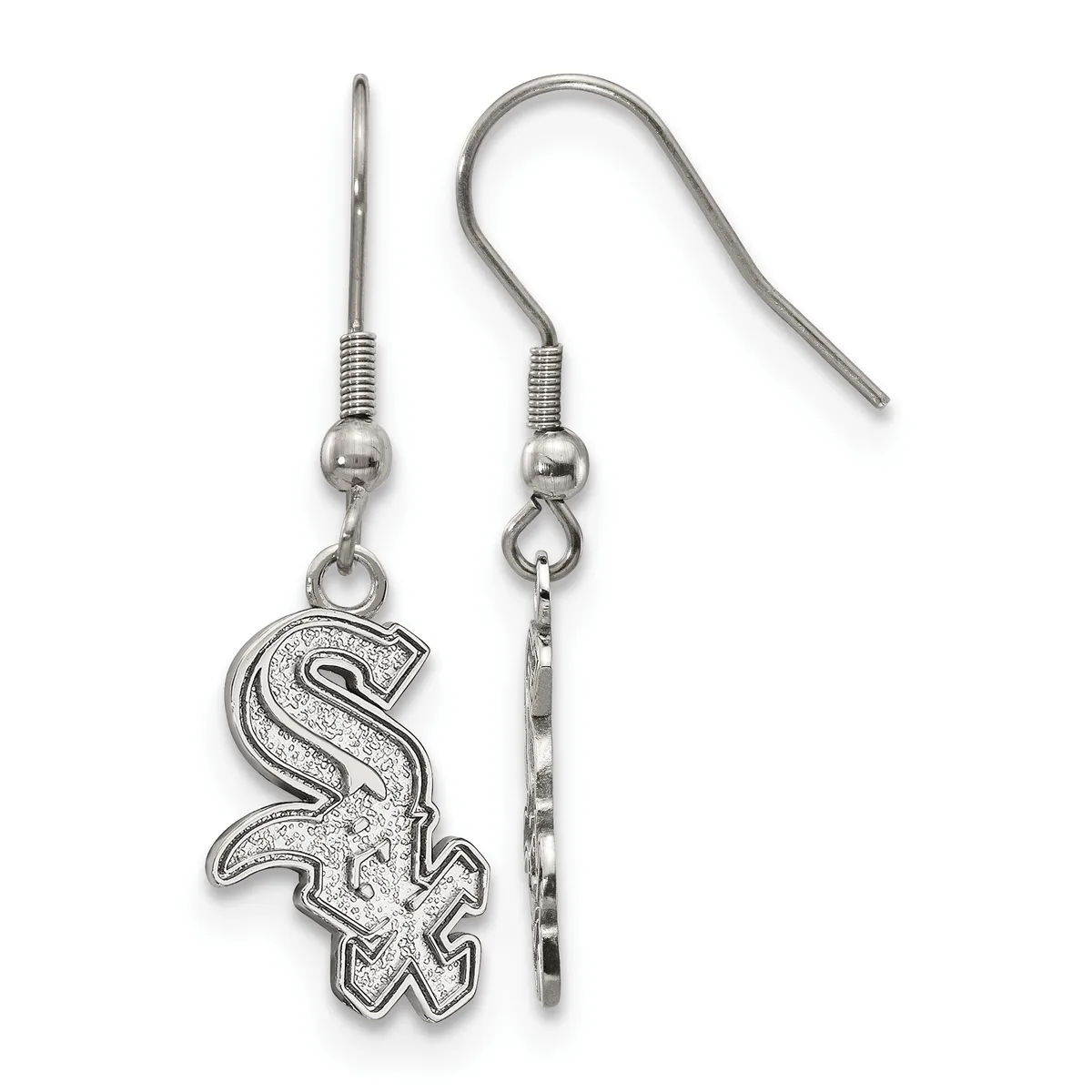 Pair of silver-toned earrings with Chicago White Sox logo charms hanging from fish hook wires.
