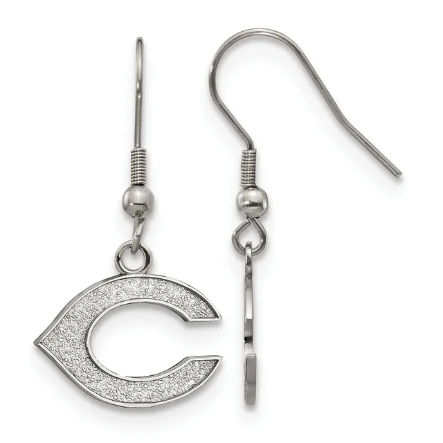 Pair of silver-toned earrings with textured C-shaped charms hanging from curved fish hook wires with ball and coil connectors.