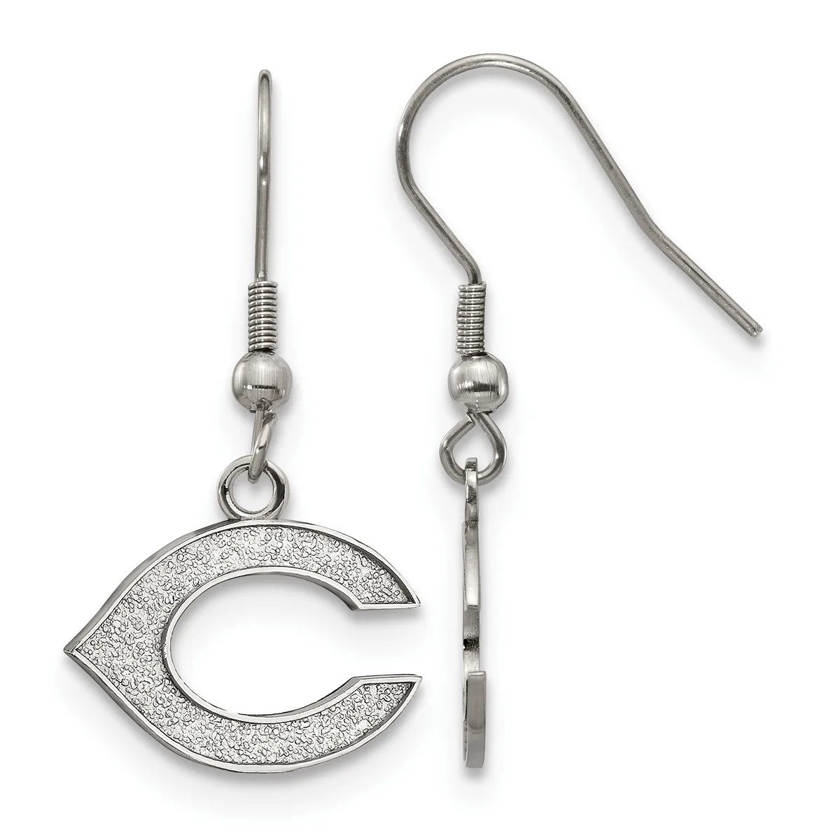 Pair of silver-toned earrings with textured C-shaped charms hanging from curved fish hook wires with ball and coil connectors.