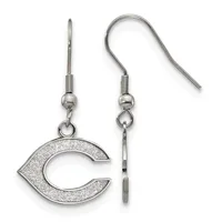 Pair of silver-toned earrings with textured C-shaped charms hanging from curved fish hook wires with ball and coil connectors.