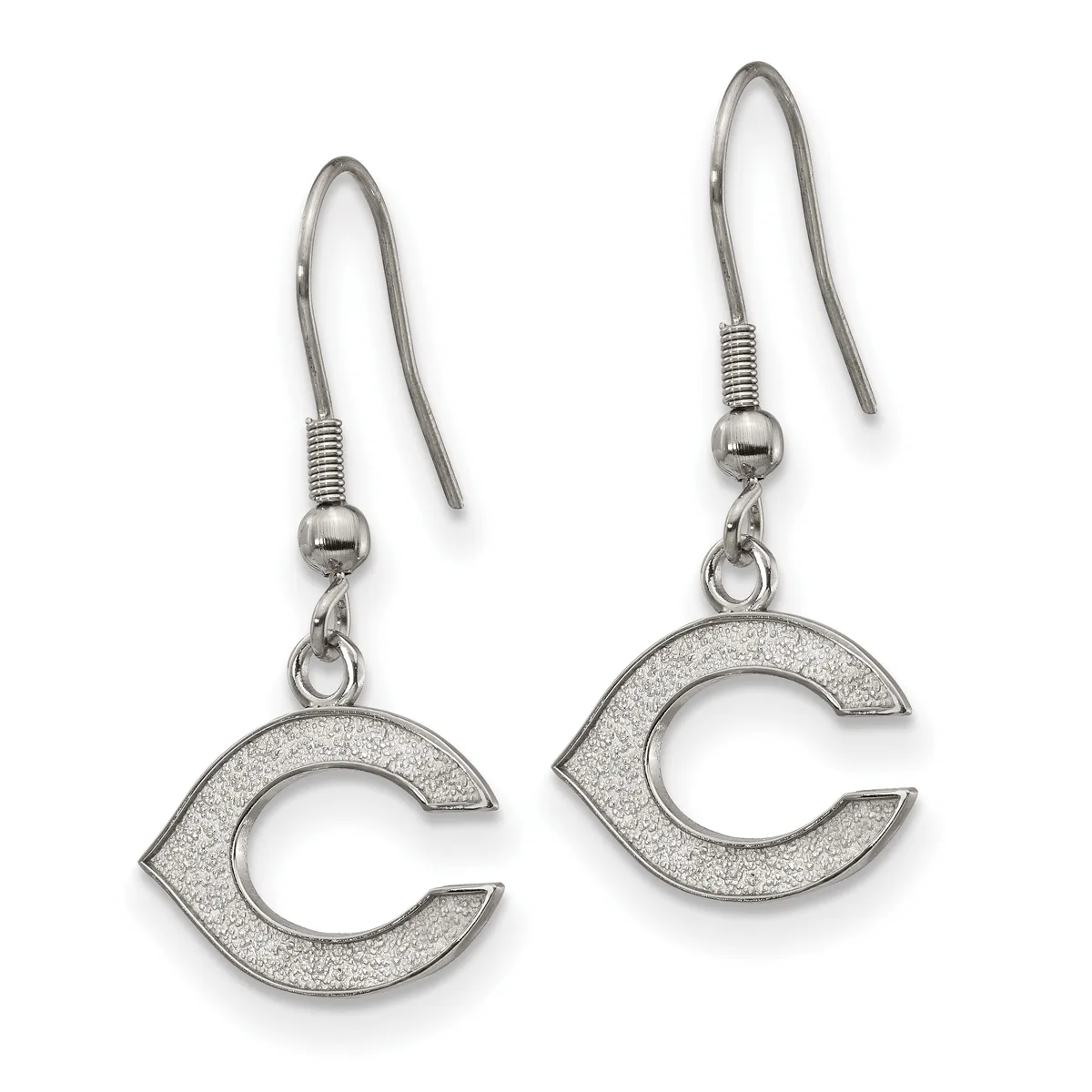 Pair of silver-colored dangle earrings with glittery C-shaped pendants hanging from fish hook wires.