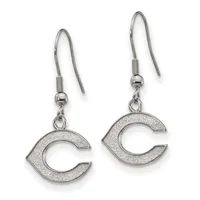 Pair of silver-colored dangle earrings with glittery C-shaped pendants hanging from fish hook wires.