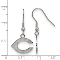 A pair of silver-toned fish-shaped dangle earrings with hooks, displayed next to a ruler showing approximately one inch in length.