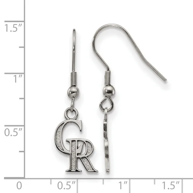 A pair of silver-toned dangle earrings with hook wires, featuring a decorative letter C and R charm, displayed next to a ruler showing approximately 1 inch in length.