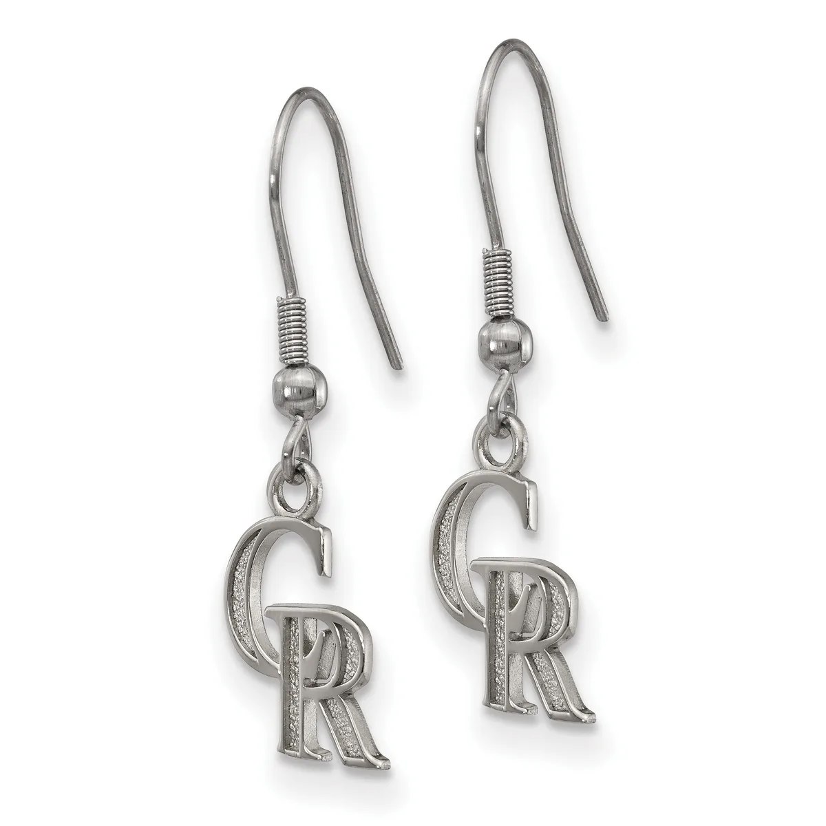 Pair of silver dangle earrings with curved hook wires, each featuring an ornate letter R charm with textured detailing, shown against a white background.