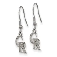 Pair of silver dangle earrings with curved hook wires, each featuring an ornate letter R charm with textured detailing, shown against a white background.