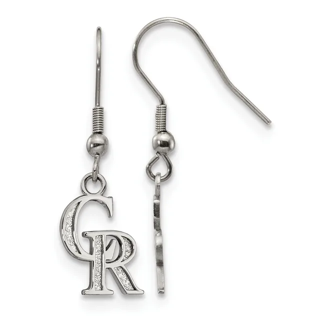 A pair of silver-toned dangle earrings with fishhook wires, each featuring a decorative letter R pendant with textured details.