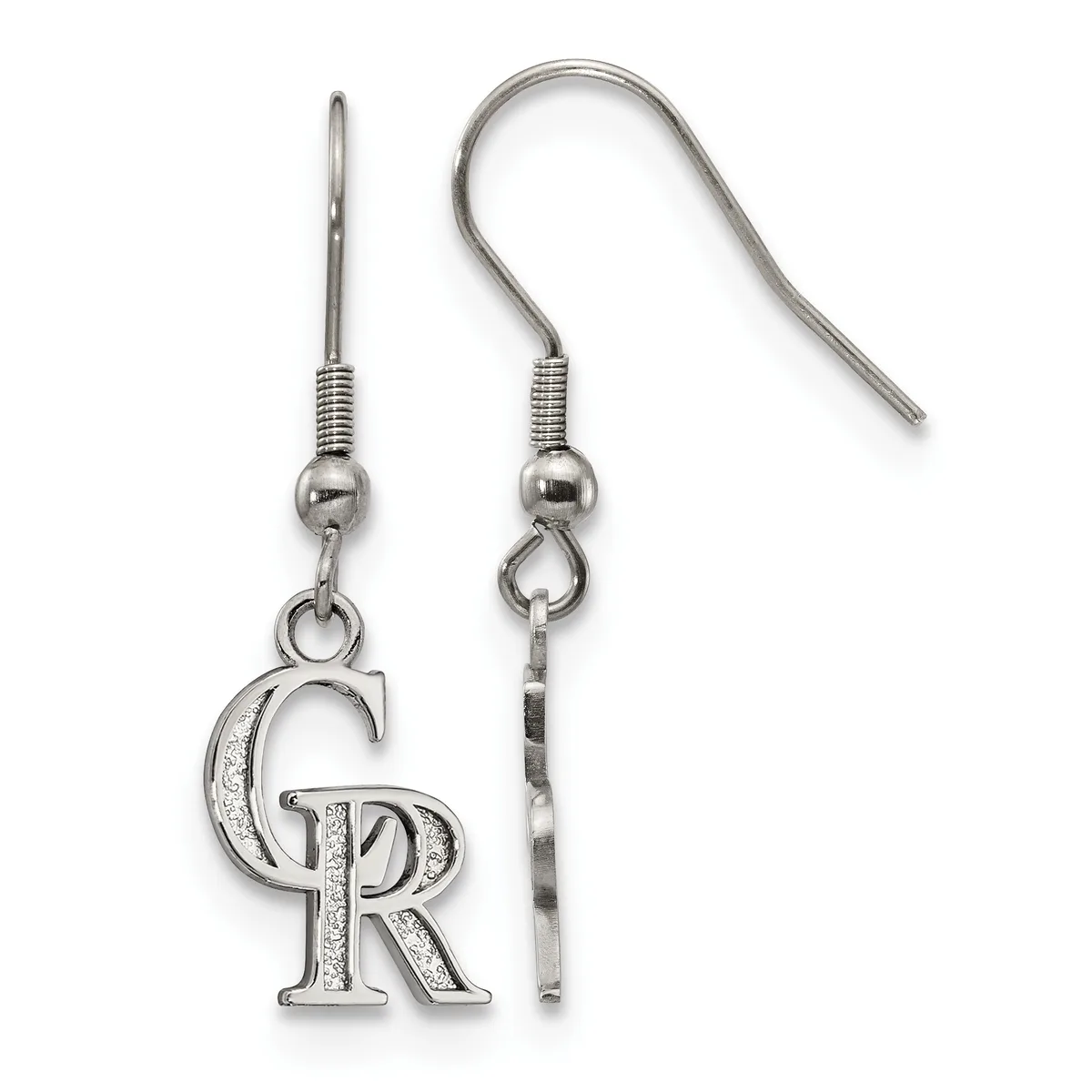 A pair of silver-toned dangle earrings with fishhook wires, each featuring a decorative letter R pendant with textured details.