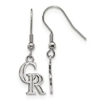 A pair of silver-toned dangle earrings with fishhook wires, each featuring a decorative letter R pendant with textured details.