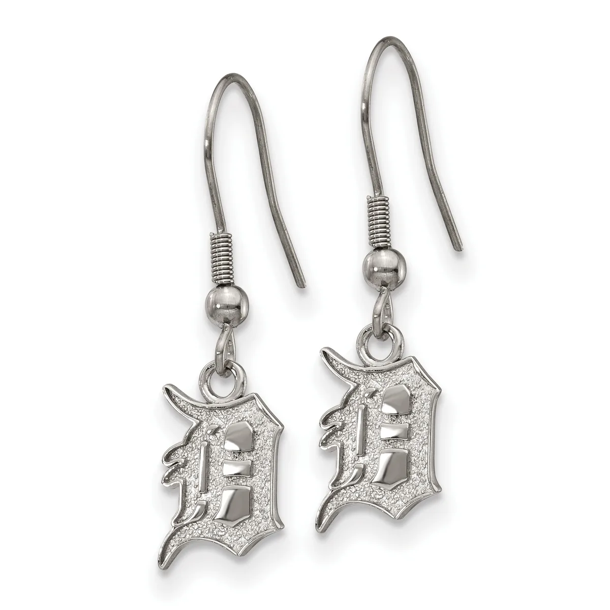 Pair of silver-colored dangle earrings with hook closures, each featuring a textured Gothic-style letter D pendant with cutout details.