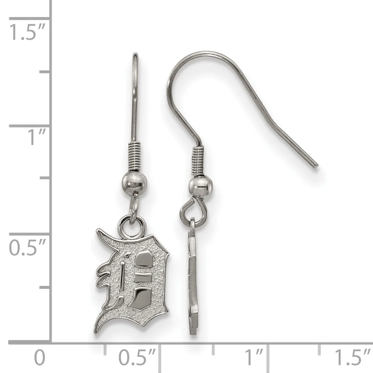 A pair of silver-toned earrings with fish hook closures, featuring dangling Detroit Old English D charms, displayed against a measurement scale.