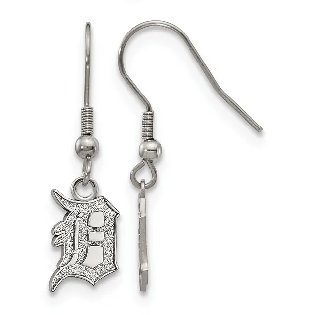 Pair of silver-toned dangle earrings with fish hook closures, each featuring a detailed letter D charm with textured surface.