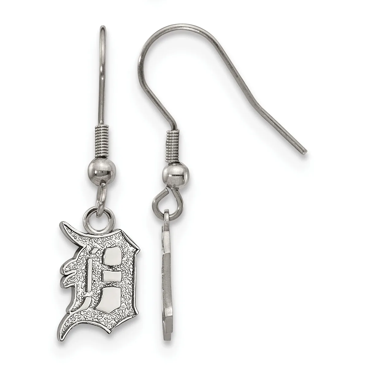 Pair of silver-toned dangle earrings with fish hook closures, each featuring a detailed letter D charm with textured surface.