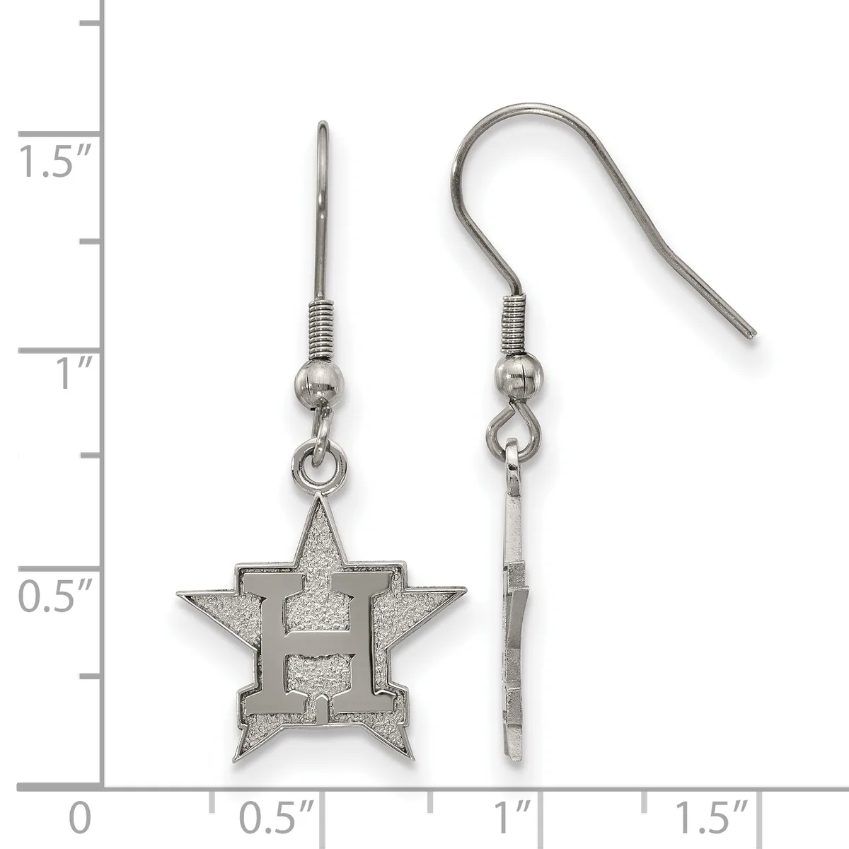 Pair of silver-toned star-shaped dangle earrings with fishhook wires, shown next to a ruler indicating approximately one inch in length.