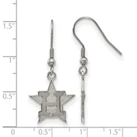 Pair of silver-toned star-shaped dangle earrings with fishhook wires, shown next to a ruler indicating approximately one inch in length.