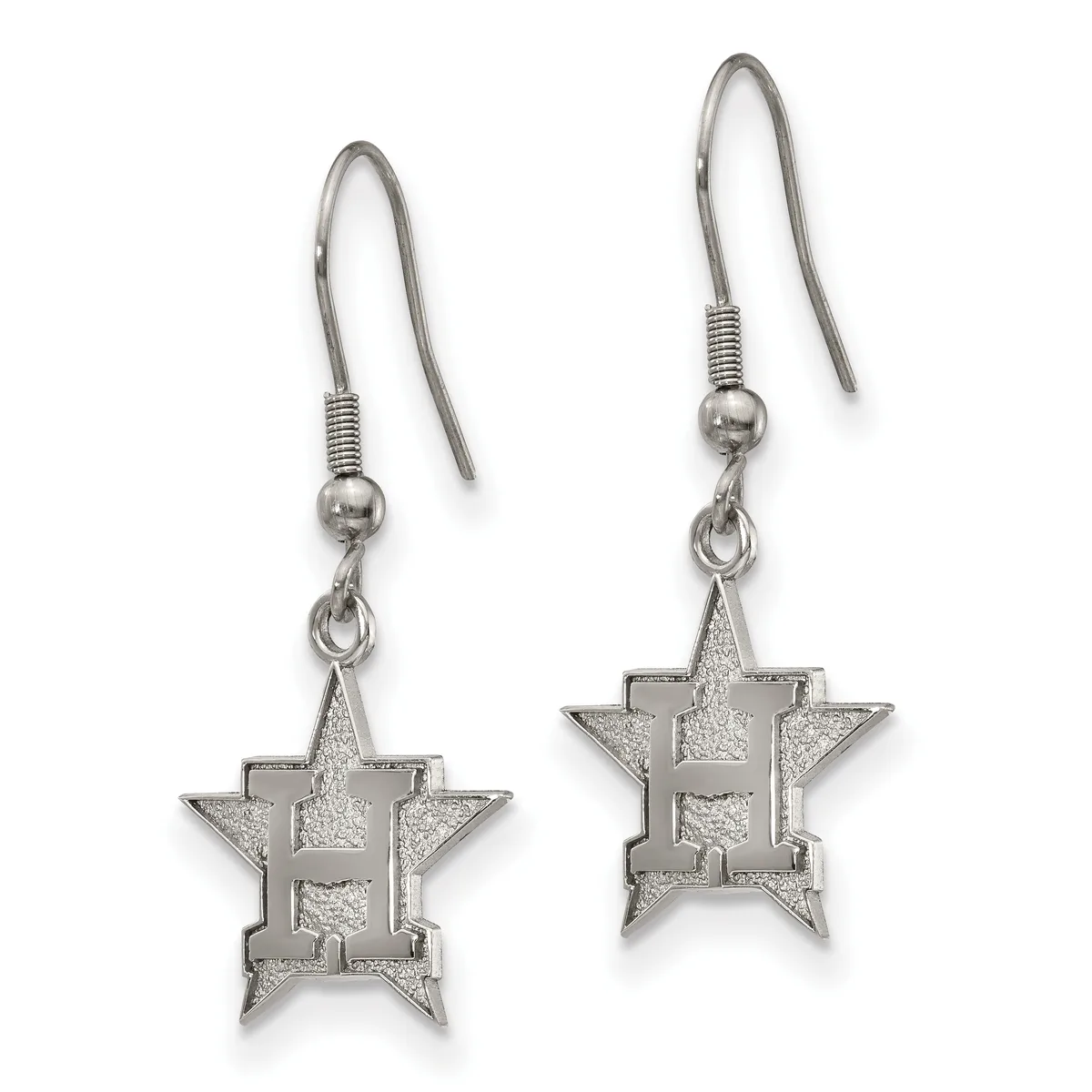 A pair of silver star-shaped dangle earrings with textured surfaces, suspended from curved ear wires with small ball connectors.