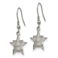 A pair of silver star-shaped dangle earrings with textured surfaces, suspended from curved ear wires with small ball connectors.