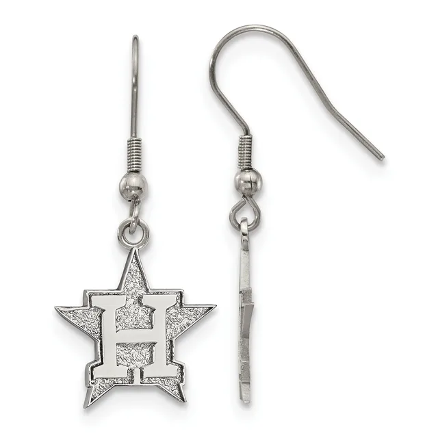 Pair of silver-toned star-shaped dangle earrings with hook wires, featuring a cutout letter H in the center of each star.