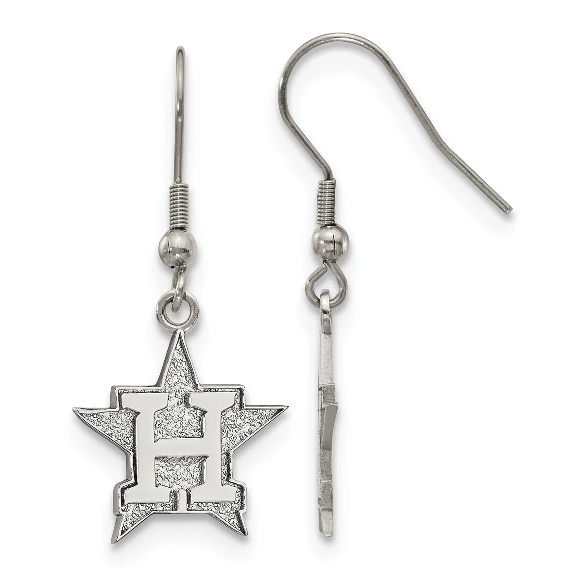 Pair of silver-toned star-shaped dangle earrings with hook wires, featuring a cutout letter H in the center of each star.