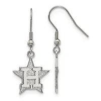 Pair of silver-toned star-shaped dangle earrings with hook wires, featuring a cutout letter H in the center of each star.