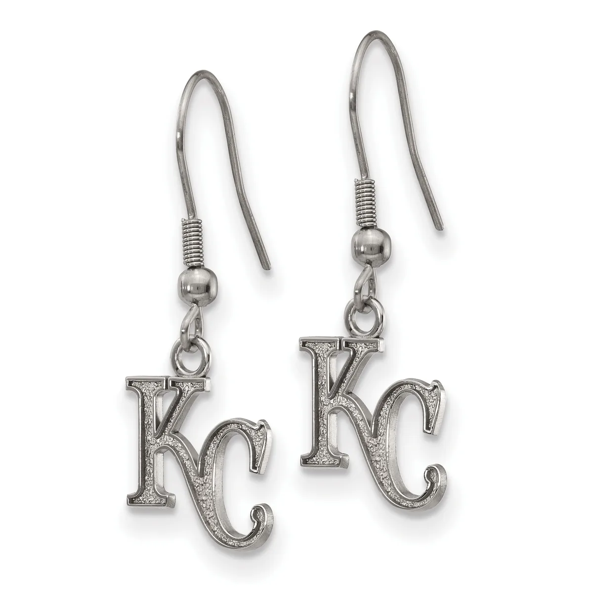 Pair of silver-toned earrings with KC charms hanging from fishhook wires with beaded details.
