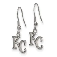 Pair of silver-toned earrings with KC charms hanging from fishhook wires with beaded details.