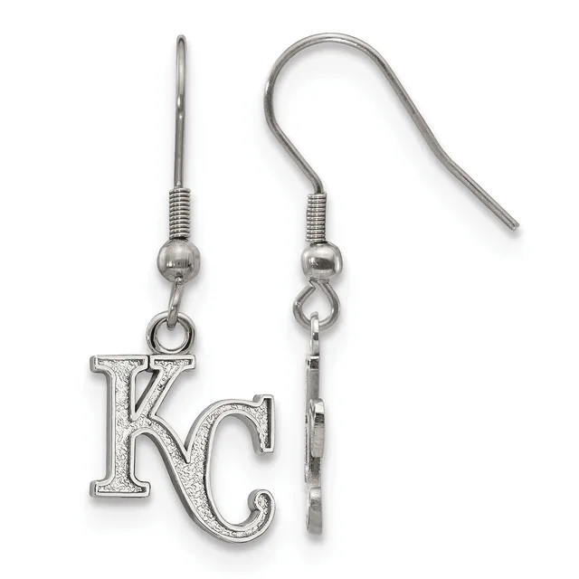Pair of silver-toned dangle earrings with fish hook wires, each featuring a small ball and coil detail above a large KC letter charm with a textured finish.